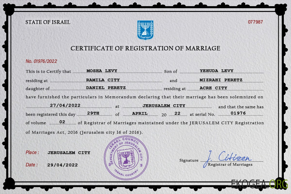 Modèle PSD de certificat de mariage en Israël